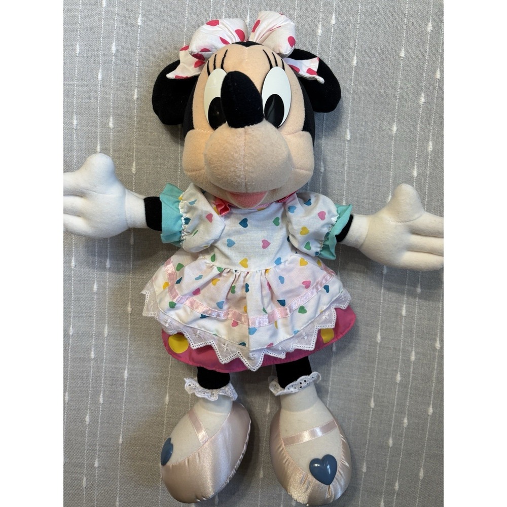 Minnie Mouse White Dress Colorful Hearts 16" VTG Stuffed Plush Disneyland RARE
